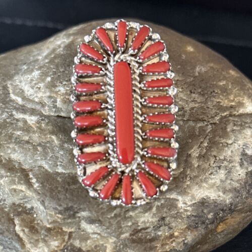 Native American Navajo Sterling Silver Cluster Red Coral Ring Sz 10 14572