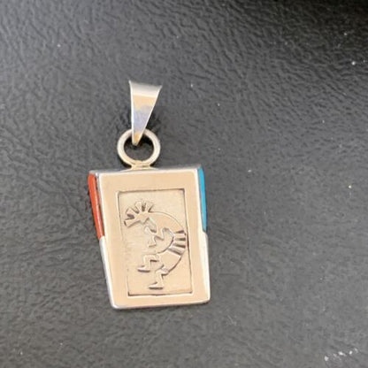 Navajo Kokopelli Coral Turquoise Inlay Pendant | Sterling Silver | Authentic Native American Handmade | 10880