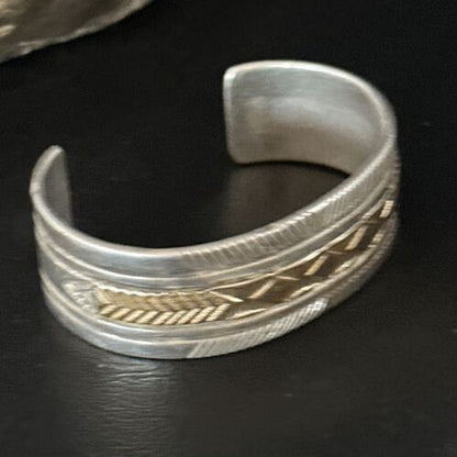 Men's Navajo Handmade Stamped Cuff Bracelet | Sterling Silver & 12K Gold | Authentic Native American | 14593