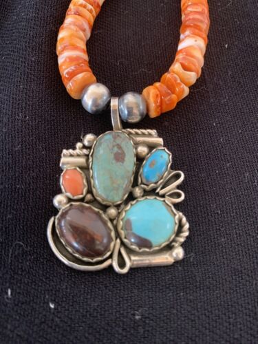 Navajo Green Turquoise and Spiny Bead Pendant Necklace | Sterling Silver | Authentic Native American Handmade | 00575