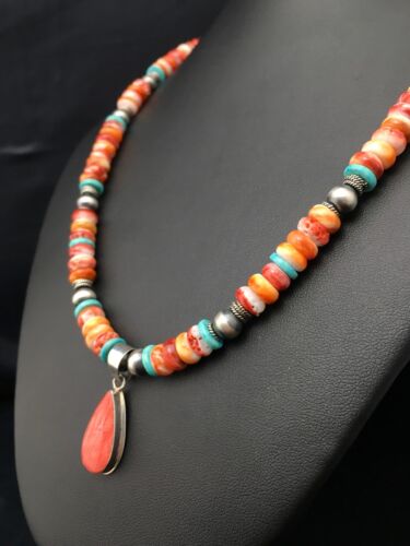 Navajo Spiny Oyster Turquoise Pendant Necklace | Sterling Silver | 19" | Authentic Native American Handmade | 4522