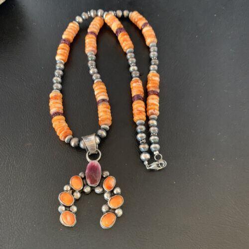 Navajo Sterling Silver Necklace | Orange Spiny Oyster Cluster Naja Pendant | 13165