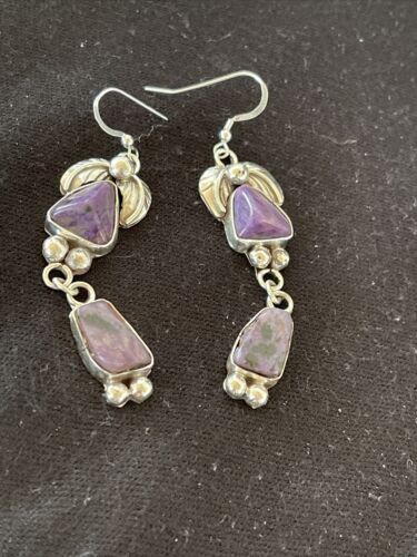 Navajo Purple Charoite Dangle Earrings | Sterling Silver | Authentic Native American Handmade | 1224