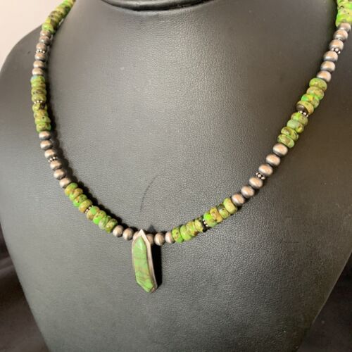 Navajo Green Gaspeite Turquoise Inlay Pendant | Sterling Silver | Authentic Native American Handmade | 13269