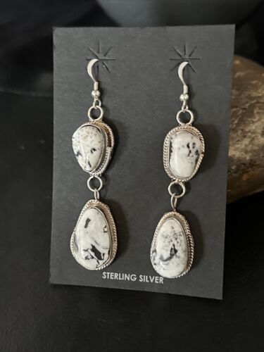 Navajo White Buffalo Turquoise Dangle Earrings | Sterling Silver | 2" | Authentic Native American Handmade | 14714