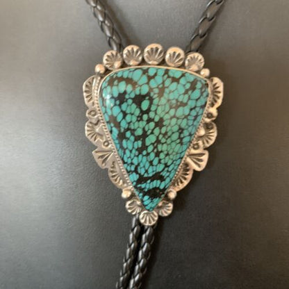 Native American Men's Bolo Tie | Blue Spiderweb Turquoise | Sterling Silver | Navajo Handmade | 12364