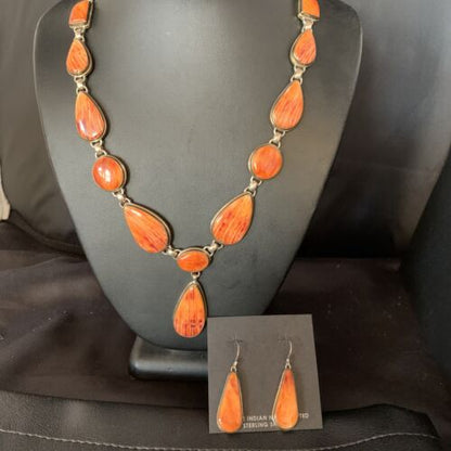 Navajo Lariat Necklace with Orange Spiny Oyster Earrings | Sterling Silver Pendant | 20" | Authentic Native American Handmade | 13882