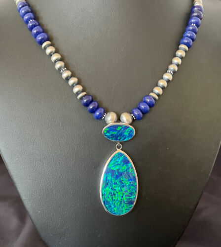 Women's Sterling Silver Necklace | Blue Lapis Bead Opal Inlay Pendant | Multi-Stone | 10584