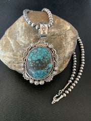 Men's Navajo Blue Spiderweb Turquoise Pendant Necklace | Sterling Silver | Authentic Native American Handmade | 10234