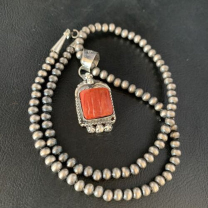 Navajo Red Spiny Oyster Square Pendant Necklace | Sterling Silver | Authentic Native American Handmade | 13634