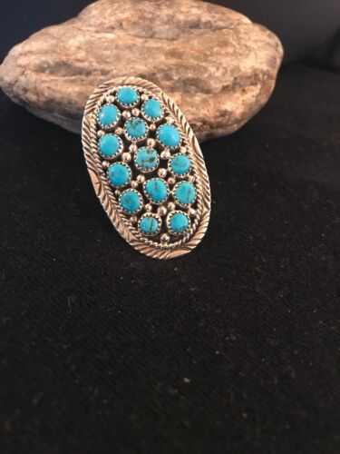 Navajo Kingman Turquoise Cluster Ring | Authentic Native American Sterling Silver | Multi-Stone | Sz 7.5 | 8392