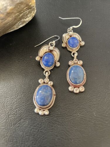 Native American Navajo Denim Lapis Dangle Earrings | Sterling Silver | 2" | 01681