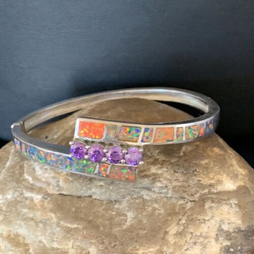 Southwestern Navajo Orange Opal Amethyst Bracelet | Sterling Silver | 7" | 13124