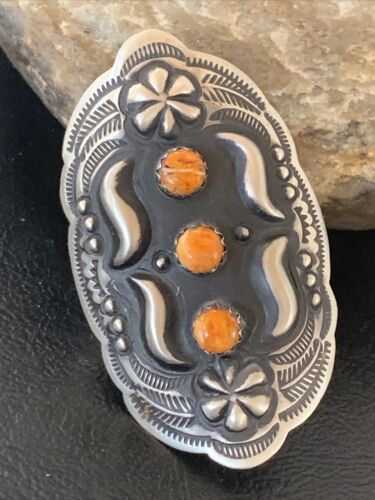 Navajo Orange Spiny Oyster Multi-Stone Ring | Authentic Native American Sterling Silver | Sz 10 Adj | 11658