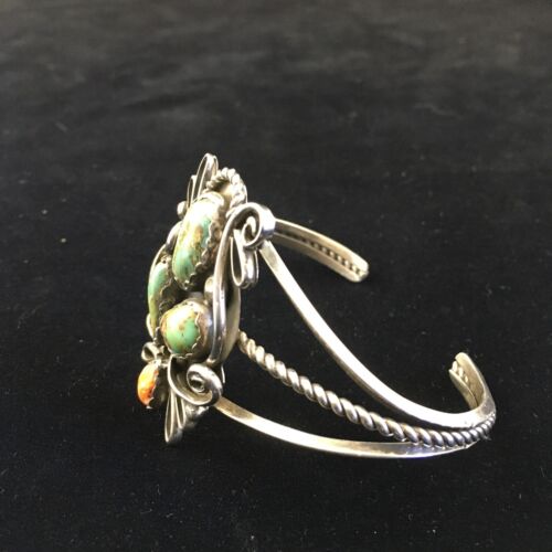 Navajo Native American Bracelet | Sterling Silver | Spiny Oyster Green Turquoise | 10113