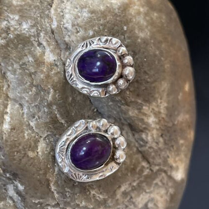 Navajo Sugilite Post Stud Earrings | Sterling Silver | Authentic Native American Handmade | 0.5" | 2068