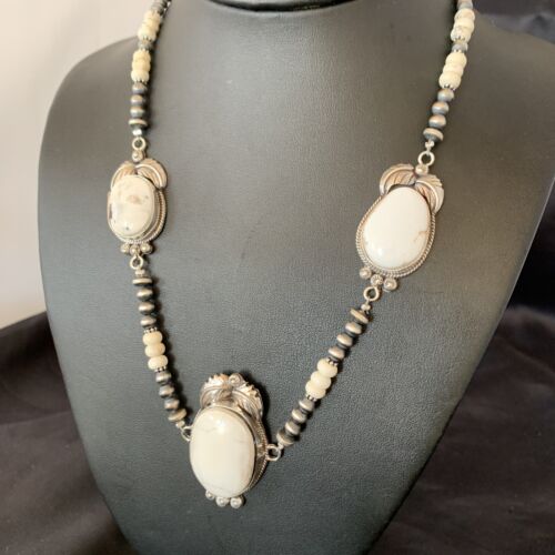 Navajo Pearls White Buffalo Turquoise Necklace Pendant | Sterling Silver | Authentic Native American Handmade | 10804