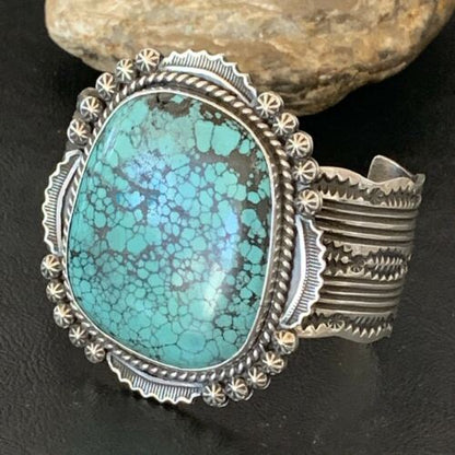 Men's Navajo Blue Spiderweb Turquoise Cuff Bracelet | Sterling Silver | Authentic Native American Handmade | 1631
