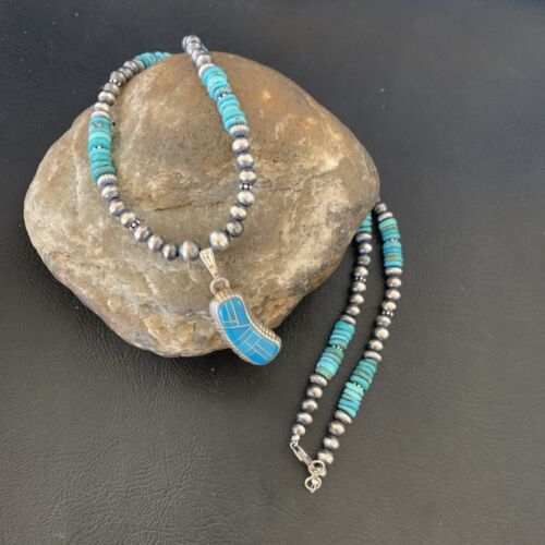 Navajo Pearls Turquoise Necklace with Inlay Pendant | Sterling Silver | 21" | Authentic Native American Handmade | 12579