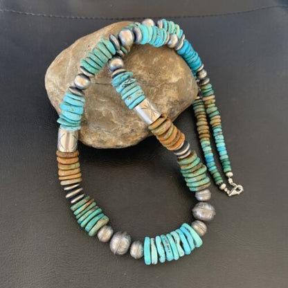 Navajo Blue Green Turquoise Barrel Beads Graduated Necklace | Sterling Silver | Authentic Native American Handmade | 26" | 12673