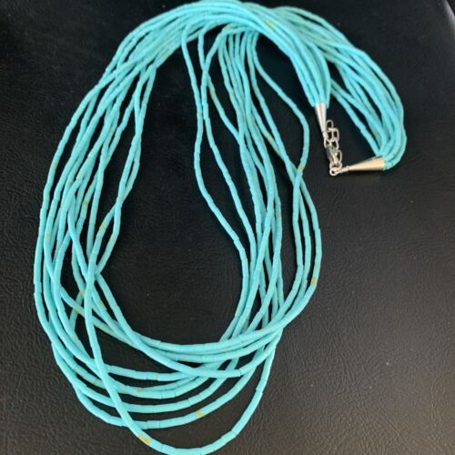 Navajo Blue Turquoise Heishi 10-Strand Liquid Sterling Necklace | 24" | Authentic Native American Handmade | 13424