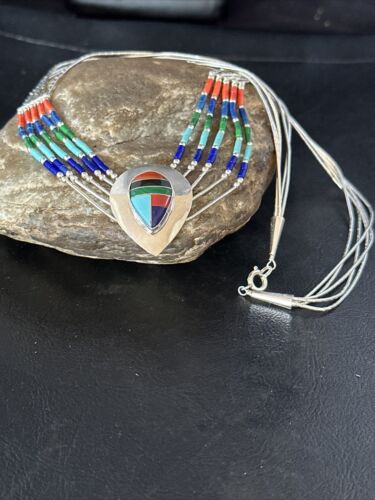 Multi-Color Liquid Silver Heishi 5-Strand Necklace | Sterling Silver Pendant | Native American Handmade | 14824 - Masha USA