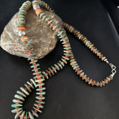 Turquoise Spiny Oyster Navajo Sterling Silver Necklace | Authentic Native American | 34" | 14364 Graduated