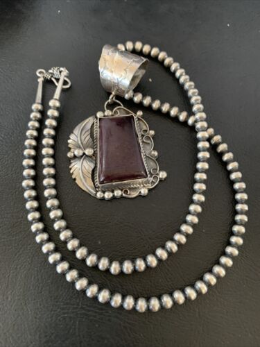 Men's Navajo Pearls Necklace with Purple Sugilite Pendant | Sterling Silver | Authentic Native American Handmade | 10656