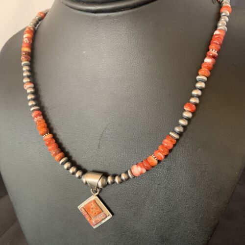 Navajo Red Spiny Oyster Opal Inlay Bead Necklace Pendant | Sterling Silver | Authentic Native American Handmade | 12723