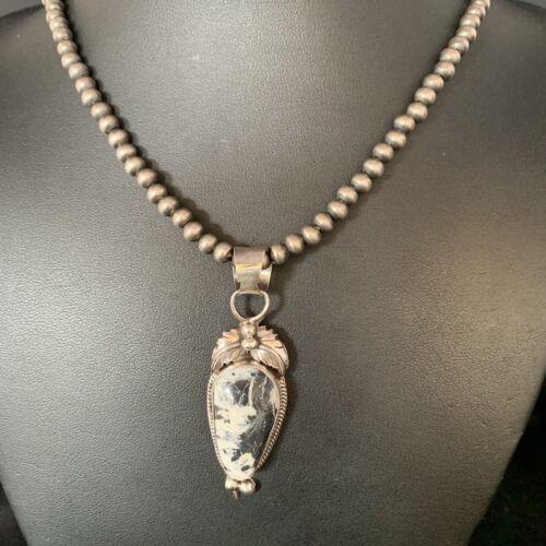 Men's Navajo Pearl White Buffalo Turquoise Sterling Necklace Pendant | 13757