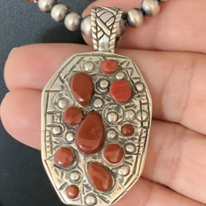 Navajo Red Coral & Spiny Oyster Necklace | Sterling Silver Bead | Authentic Native American Handmade | 13735