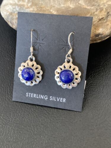 Navajo Flower Blue Lapis Lazuli Dangle Drop Earrings | Sterling Silver | 0.50" | 12711