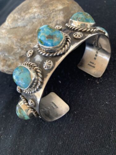 Navajo Green Sonoran Gold Turquoise Cuff Bracelet | Sterling Silver | 5 Stone | Authentic Native American Handmade | 864