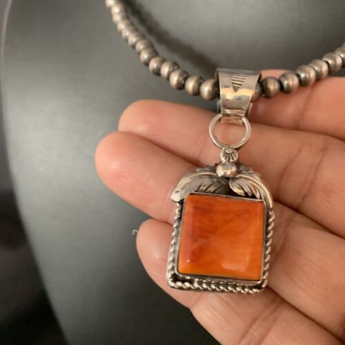 Navajo Orange Spiny Oyster Pendant | Sterling Silver Square Necklace | Authentic Native American Handmade | 13641