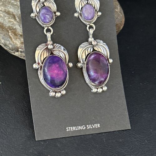 Navajo Purple Sugilite Dangle Earrings | Sterling Silver | 2" | Authentic Native American Handmade | 14405