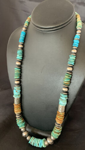 Navajo Blue Green Turquoise Barrel Beads Graduated Necklace | Sterling Silver | Authentic Native American Handmade | 26" | 12673