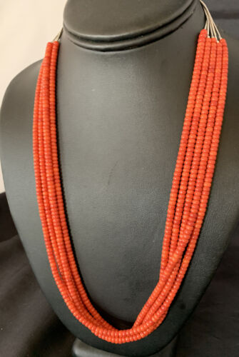 Navajo Red Coral 5-Strand Sterling Silver Turquoise Bead Necklace 22" | Native American Jewelry 12622
