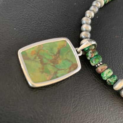 Navajo Pearls Green Mojave Turquoise Pendant Necklace | Sterling Silver | Native American Handmade | 13462