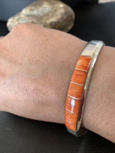 Native American Zuni Orange Spiny Oyster Inlay Cuff Bracelet | Sterling Silver | 12098