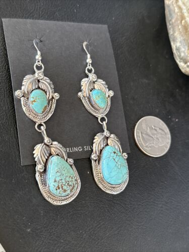 Navajo Blue #8 Turquoise Dangle Earrings | Sterling Silver | Authentic Native American Handmade | 14345