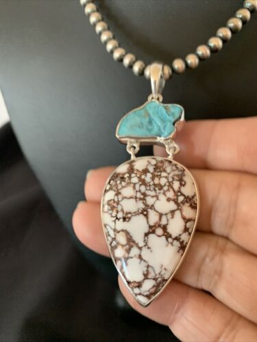 Navajo Pearl Wild Horse Kingman Turquoise Necklace Pendant | Authentic Native American Sterling Silver | Multi-Stone | 11811