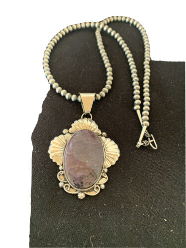 Men's Navajo Pearls Necklace | Sterling Silver Purple Sugilite Pendant | Authentic Native American Handmade | 1537