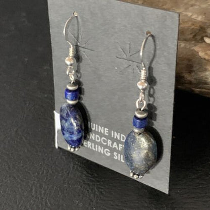 Navajo Lapis Lazuli Bead Dangle Earrings | Sterling Silver | 1" | Authentic Native American Handmade | 13329
