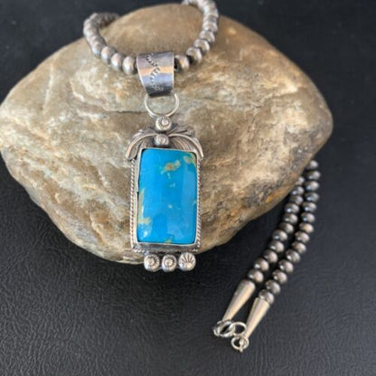 Men's Blue Kingman Turquoise Necklace Pendant | Sterling Silver Navajo Pearls | 13762