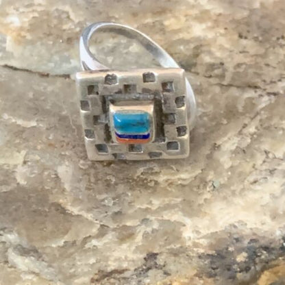 Native American Women's Navajo Green Turquoise Coral Inlay Ring | Sz 7.5 | 13159