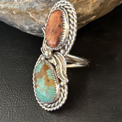 Navajo Women's Turquoise Spiny Oyster Multi-Stone Ring | Authentic Native American Sterling Silver | Multi-Stone | Sz 7.5 | 14489