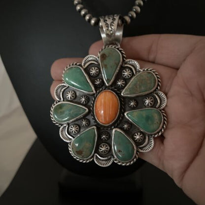 Navajo Spiny Oyster & Turquoise Cluster Pendant Necklace | Sterling Silver | Native American Handmade | 1119