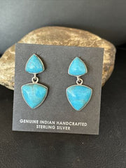 Navajo Blue Turquoise Dangle Earrings | Sterling Silver | 1" | Authentic Native American Handmade | 14771
