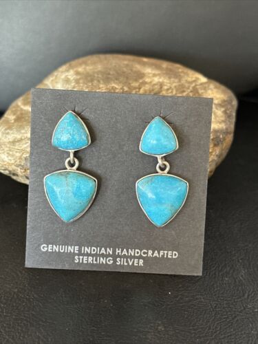 Navajo Blue Turquoise Dangle Earrings | Sterling Silver | 1" | Authentic Native American Handmade | 14771