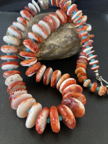 Navajo Turquoise & Red Spiny Oyster Necklace | Sterling Silver | Authentic Native American | Graduated | 22" | 10591